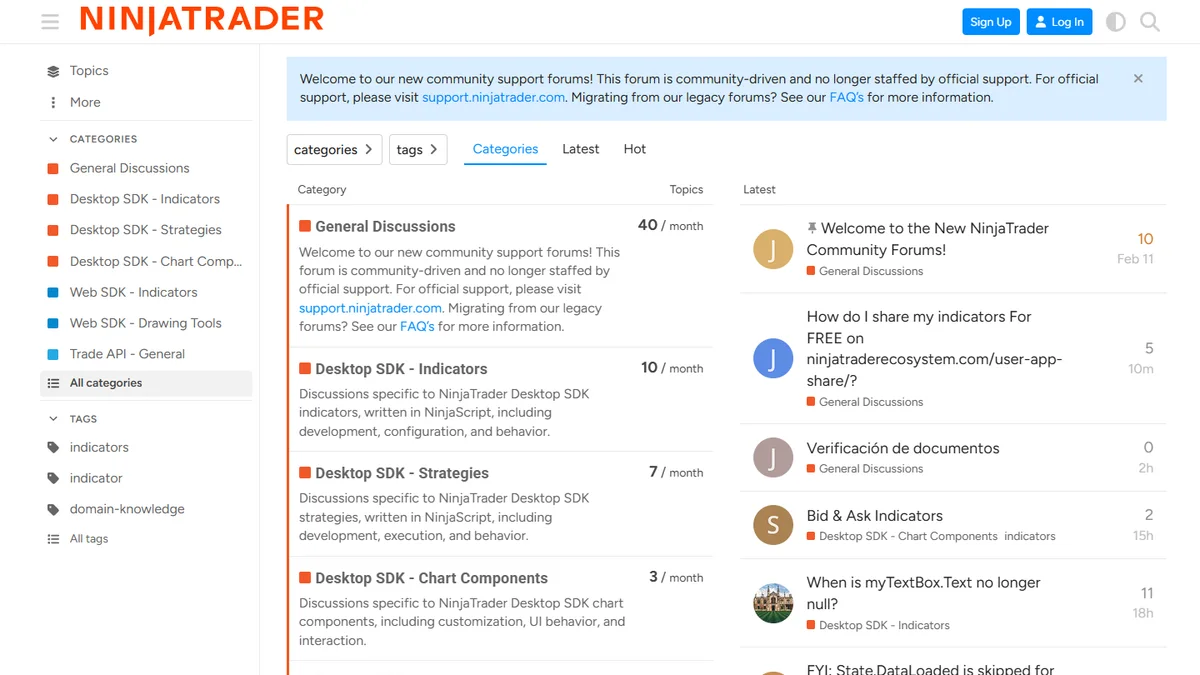 Current NinjaTrader Community Forum with its notice about migrating from the legacy forums