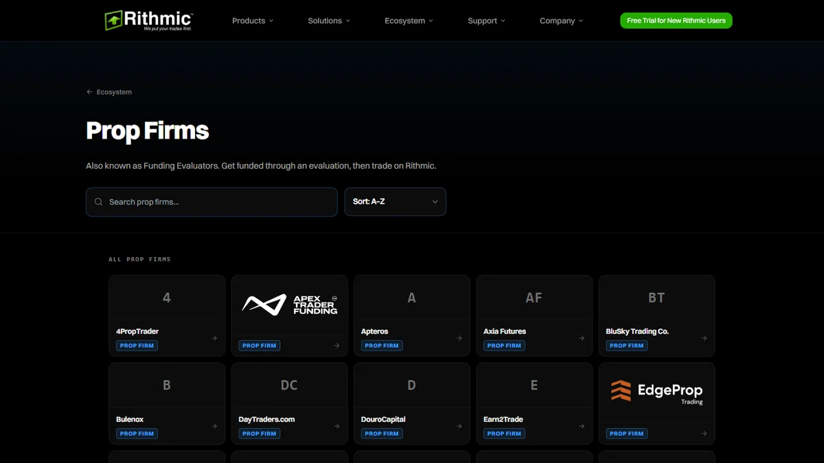 Rithmic official Prop Firms directory with its search field and firm listings