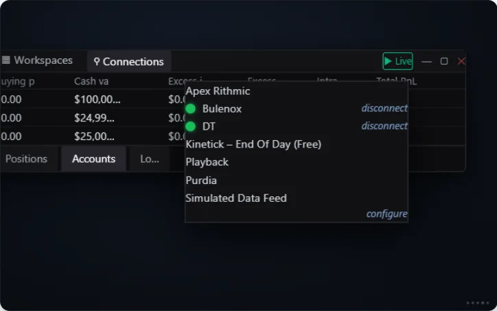 Multiple Rithmic connections in the NinjaTrader connection menu