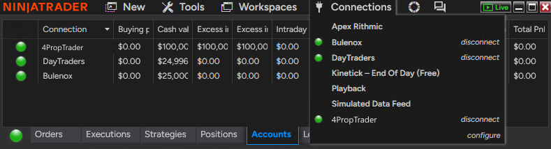 NinjaTrader Connections menu showing the 4PropTrader connection active.
