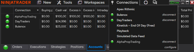 NinjaTrader Connections menu showing the AlphaPropTrading connection active.