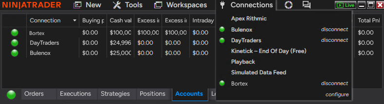 NinjaTrader Connections menu showing the Bortex connection active.