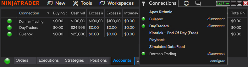 NinjaTrader Connections menu showing the Dorman Trading connection active.