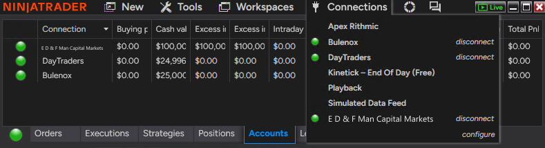 NinjaTrader Connections menu showing the E D & F Man Capital Markets connection active.