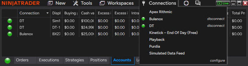 NinjaTrader Connections menu showing the DayTraders.com connection active.