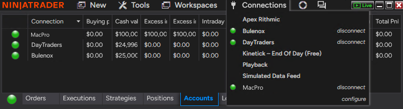 NinjaTrader Connections menu showing the MacPro connection active.