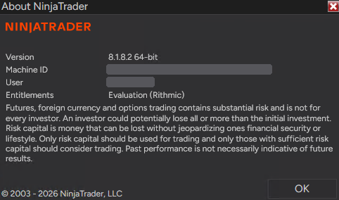 About NinjaTrader window with Entitlements showing Evaluation (Rithmic).
