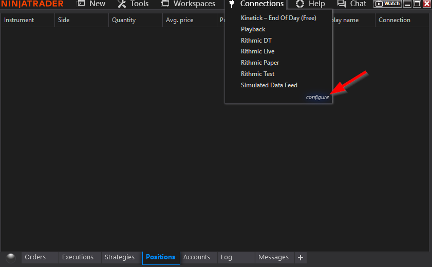 NinjaTrader Control Center Connections menu with Configure highlighted.