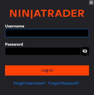 NinjaTrader 8 login window with username and password fields.
