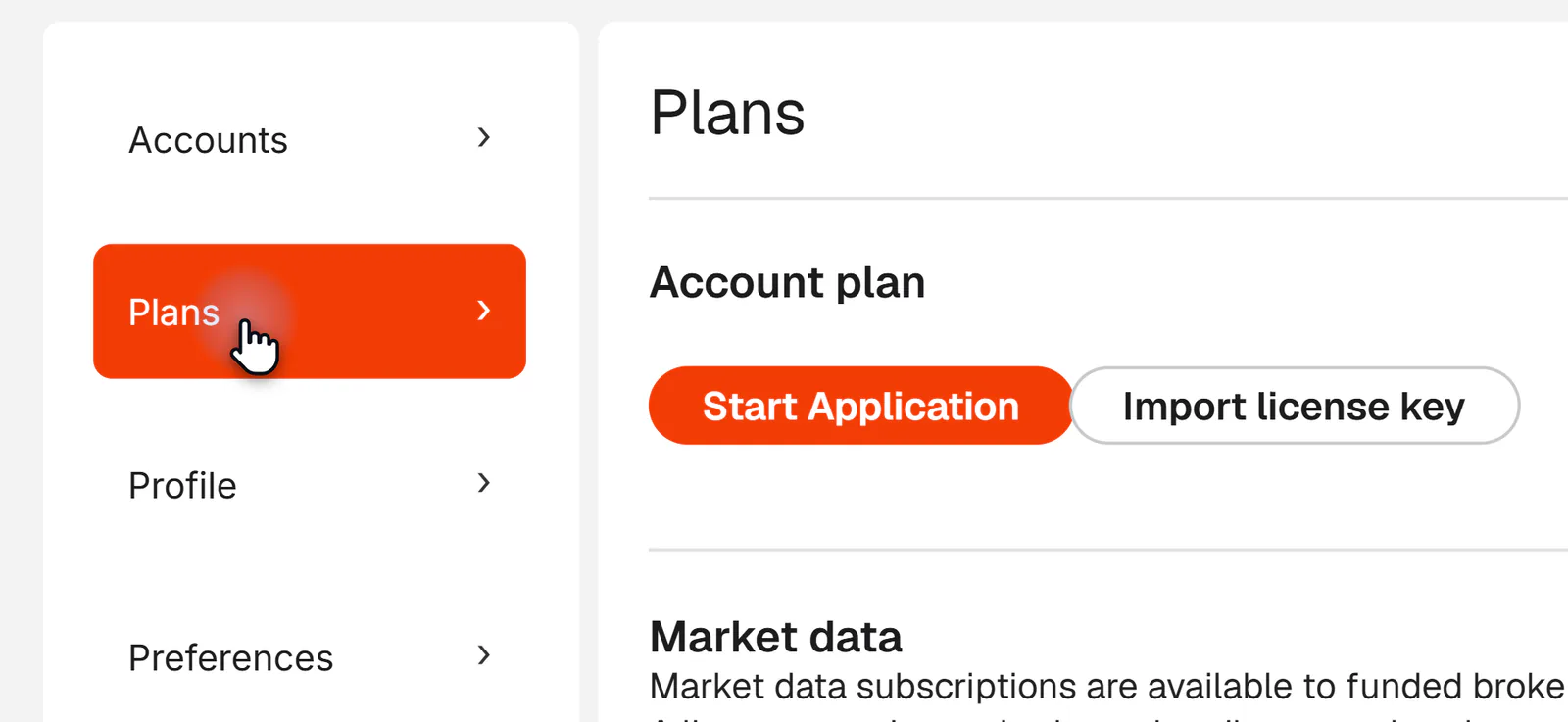 NinjaTrader account website, Settings > Plans: Import license key is the white button next to Start Application.