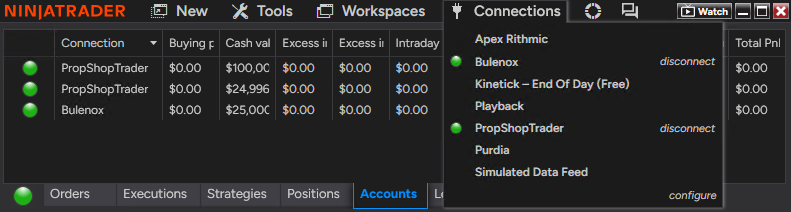 NinjaTrader Connections menu showing the PropShopTrader connection active.