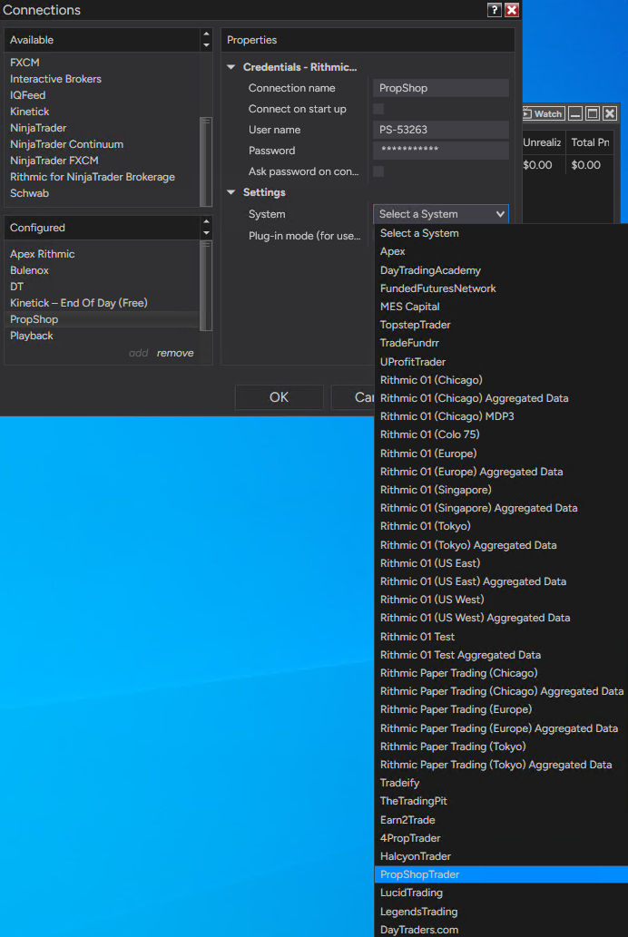 NinjaTrader Rithmic connection properties with PropShopTrader selected as the System.