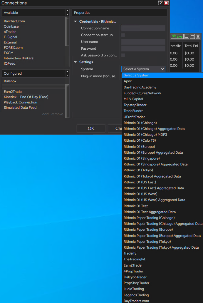 NinjaTrader Rithmic connection properties with the System dropdown open.