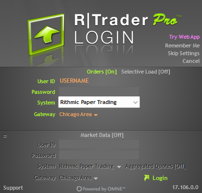 R|Trader Pro login screen with Rithmic Paper Trading selected as the System and Chicago Area as the Gateway.