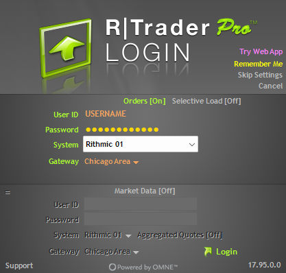 R|Trader Pro login screen with User ID, Password, System, Gateway, and Login controls.
