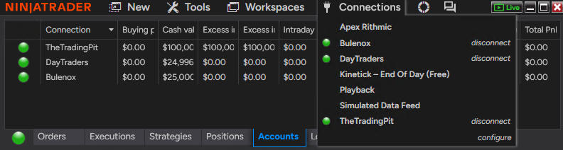 NinjaTrader Connections menu showing TheTradingPit active.