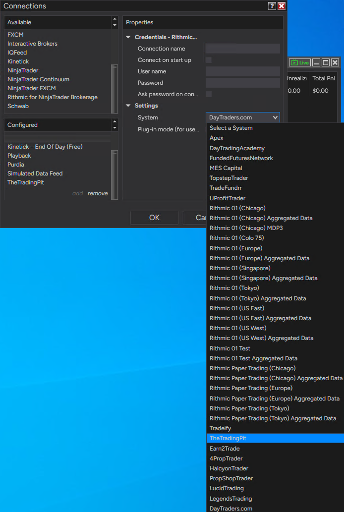 NinjaTrader Rithmic connection properties with TheTradingPit highlighted in the System list.