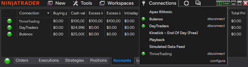 NinjaTrader Connections menu showing the ThriveTrading connection active.