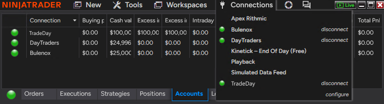 NinjaTrader Connections menu showing the TradeDay connection active.