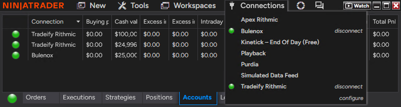 NinjaTrader Connections menu showing the Tradeify Rithmic connection active.