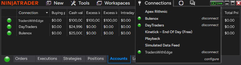 NinjaTrader Connections menu showing the TradersWithEdge connection active.