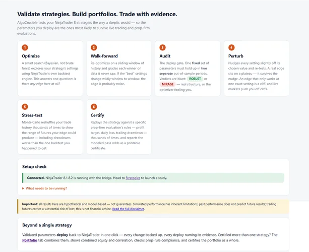 AlgoCrucible strategy validation dashboard
