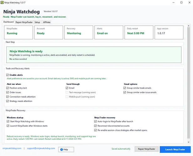 Ninja Watchdog platform status, recovery settings, and email alerts