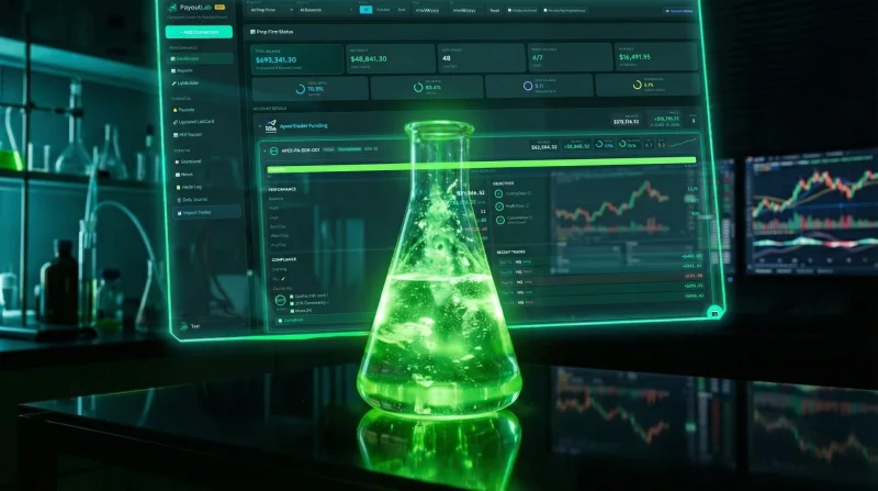 PayoutLab illustration with a funded account dashboard and glowing flask